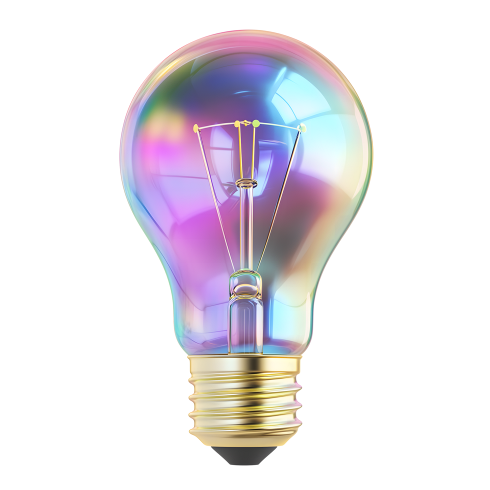 Multicolored Iridescent Glass Bulb with Filament on Transparent Background, Conceptual 3D png