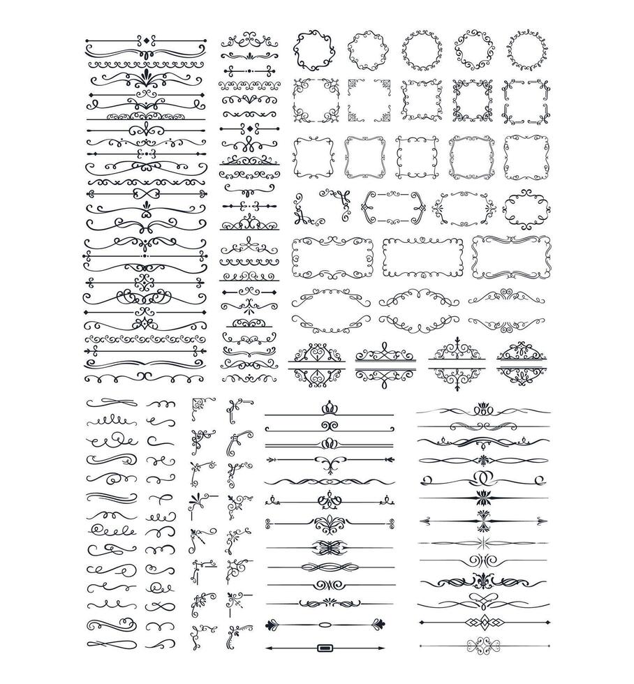 Collection of decorative ornaments, frames, borders, floral elements, and dividers. Elements vector