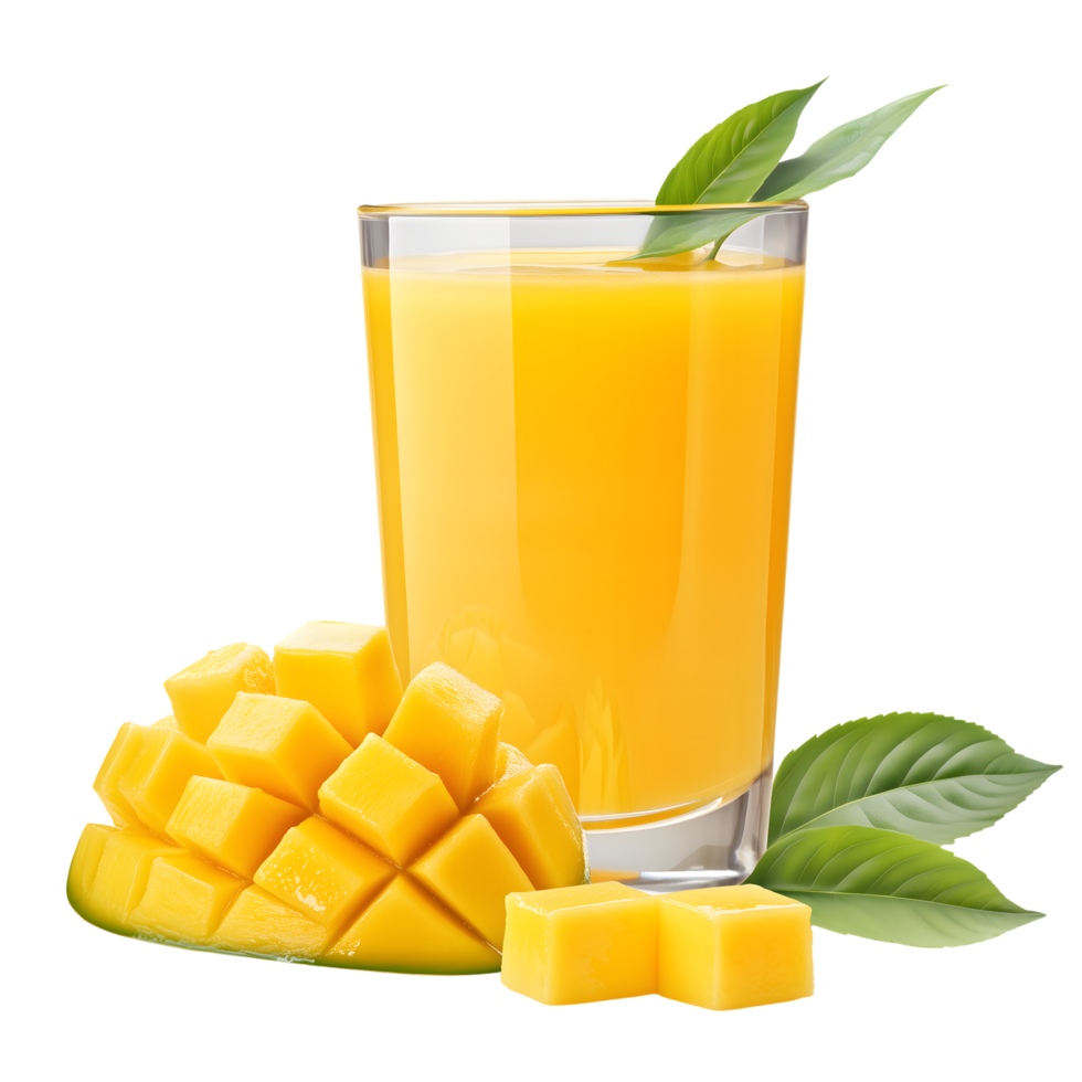 Fresh Mango Juice in Glass with Diced Mango and Green Leaves on Transparent Background png