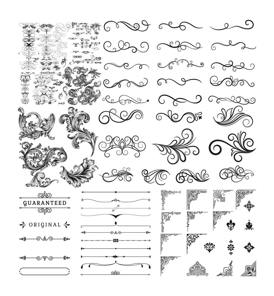 Collection of Decorative Ornaments, Flourishes and Design Elements. Corner, divider doodle, baroque vector