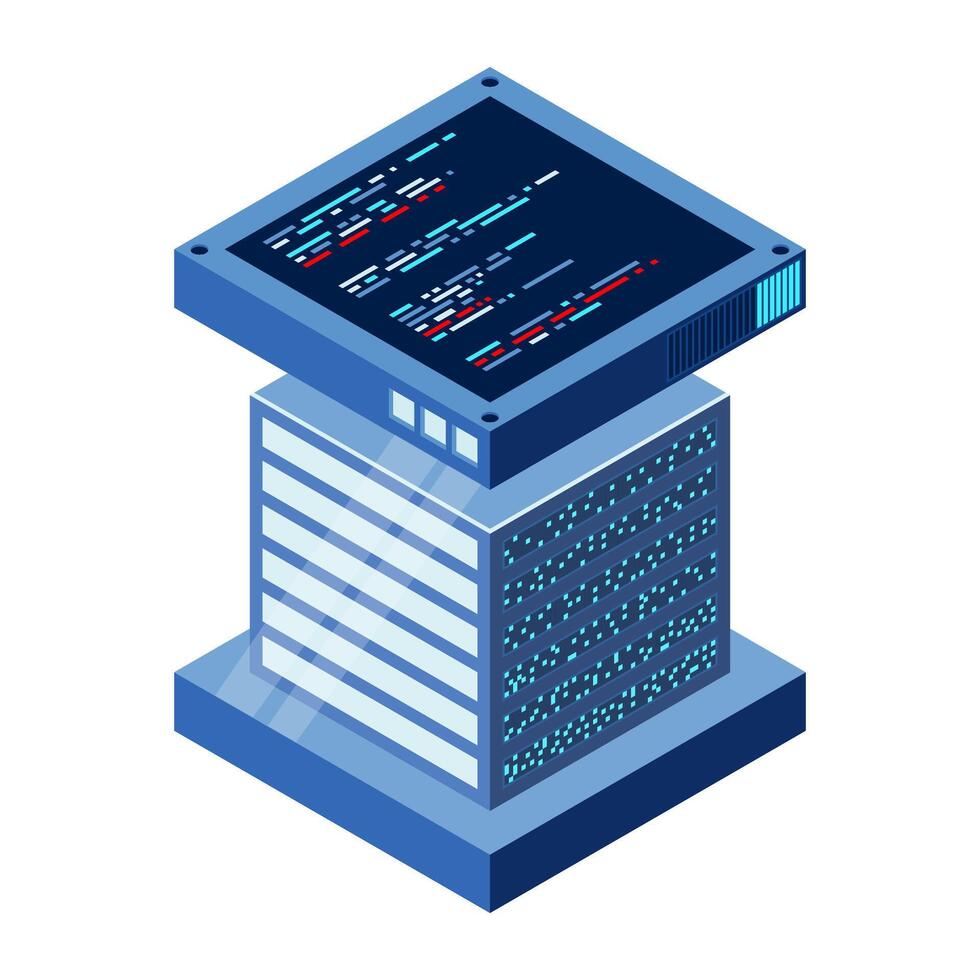 Isometric futuristic server. Isometric database or data center. Abstract blockchain. Computer storage. Cloud storage, Isometric technology, vector