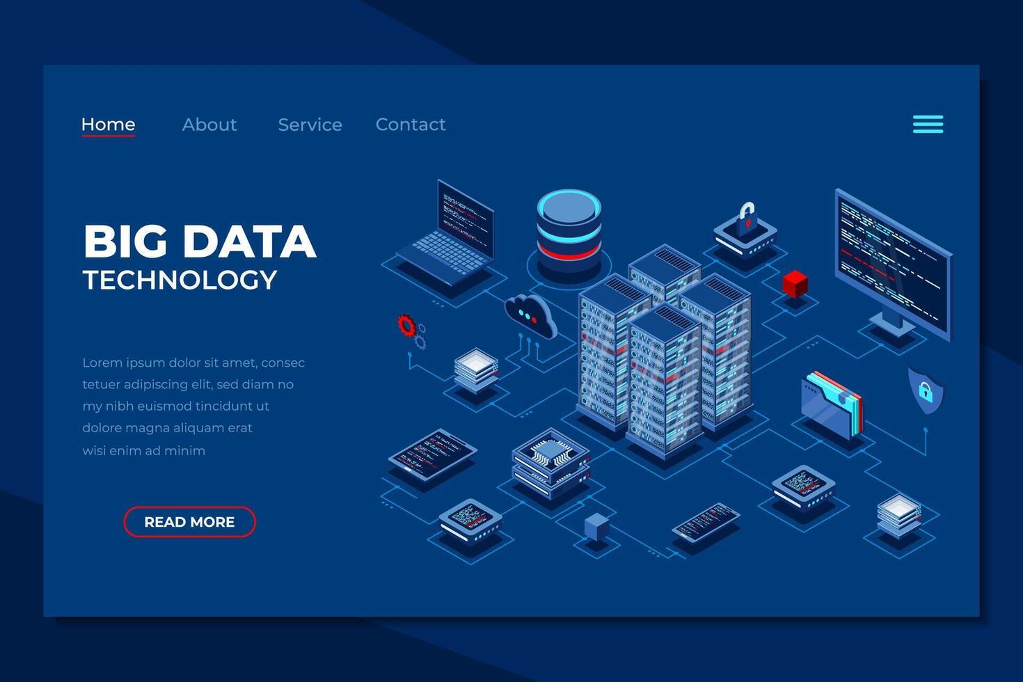Big data technology isometric landing page. Information storage and analysis system. Cloud database service. Isometric technology vector