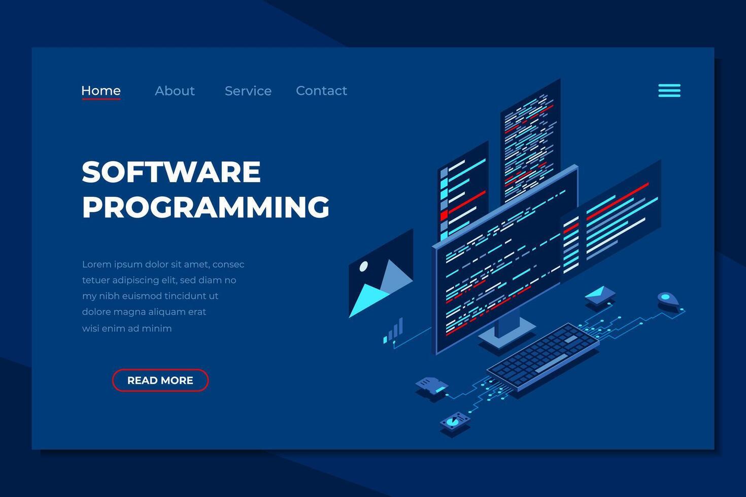 Software programming isometric landing page. Programming languages interface on computer screen. Programmer coding. Isometric technology vector