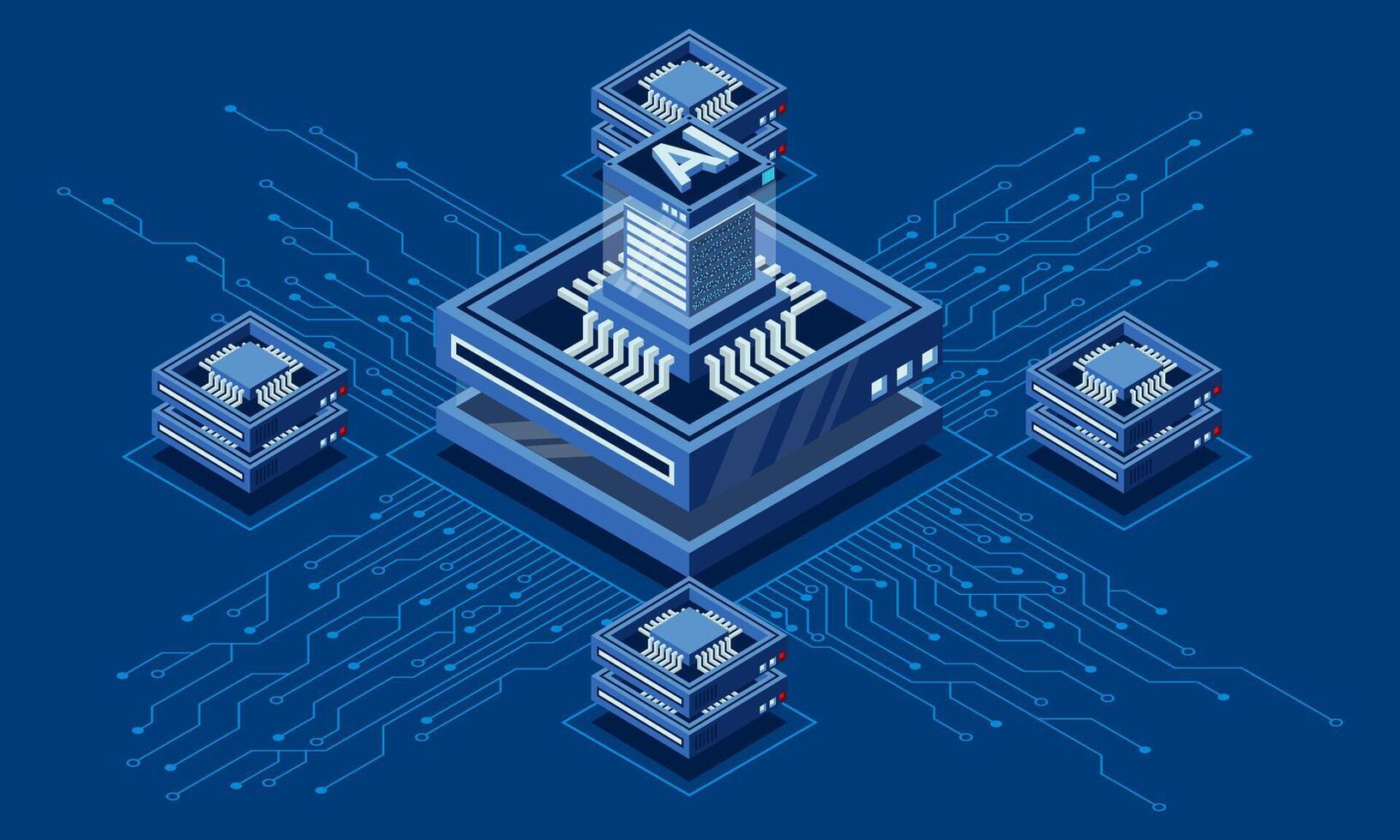 Isometric artificial intelligence chip concept. Artificial intelligence concept. Futuristic microchip processor. Isometric vector