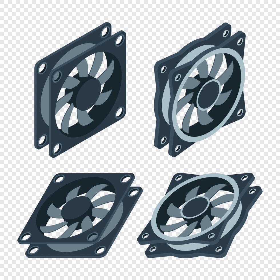 Set of isometric computer fan. Computer fan cooler. Isometric of PC case fan. Computer hardware components. vector