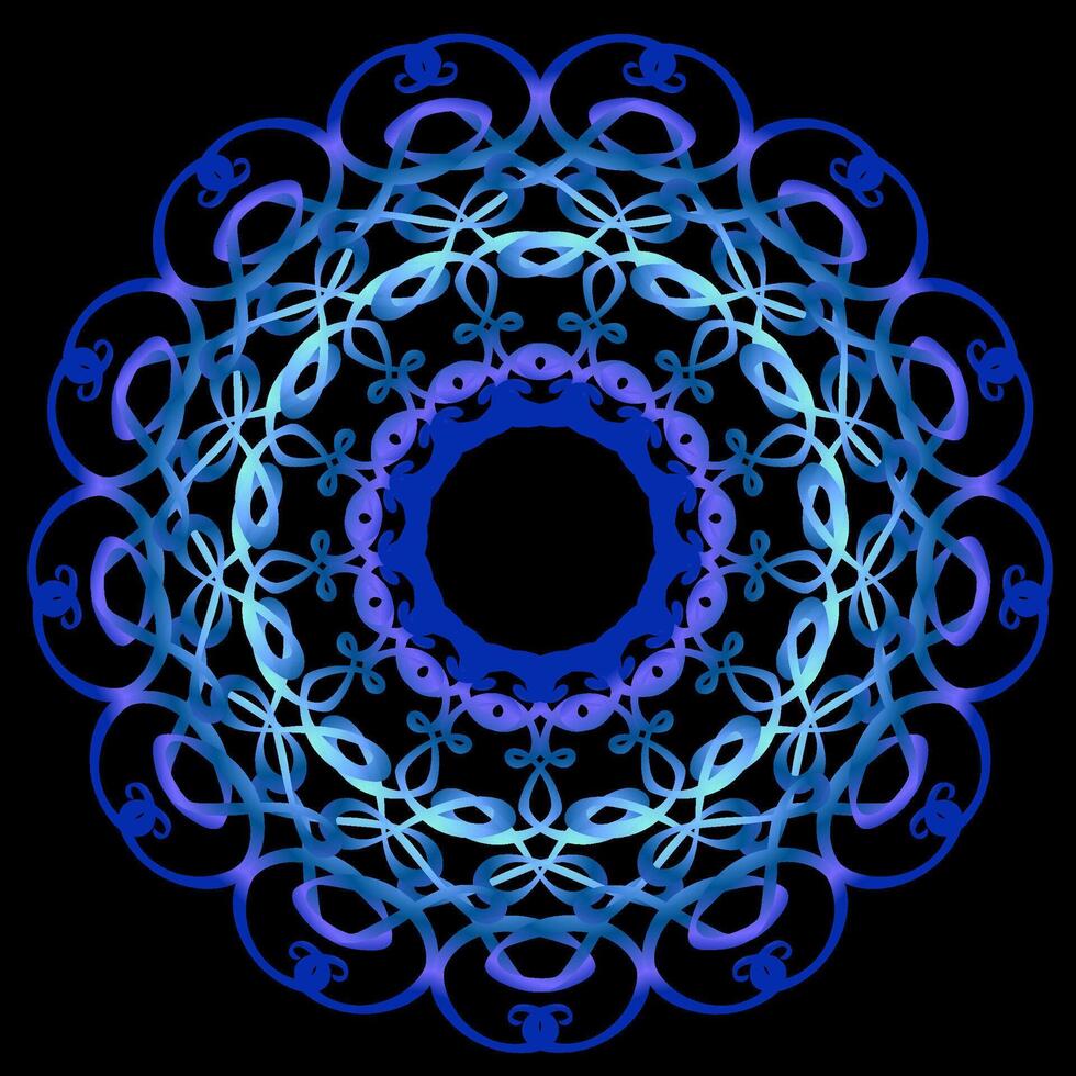 Round abstract mandala pattern in blue on black background vector