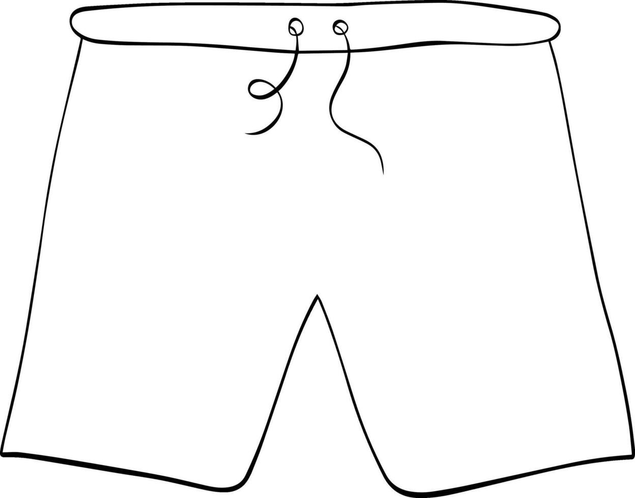 Men beach shorts icon. Hand drawn illustration graphic line ink isolated on white background. Swimming trunks on elastic band, with drawstring, pockets vector