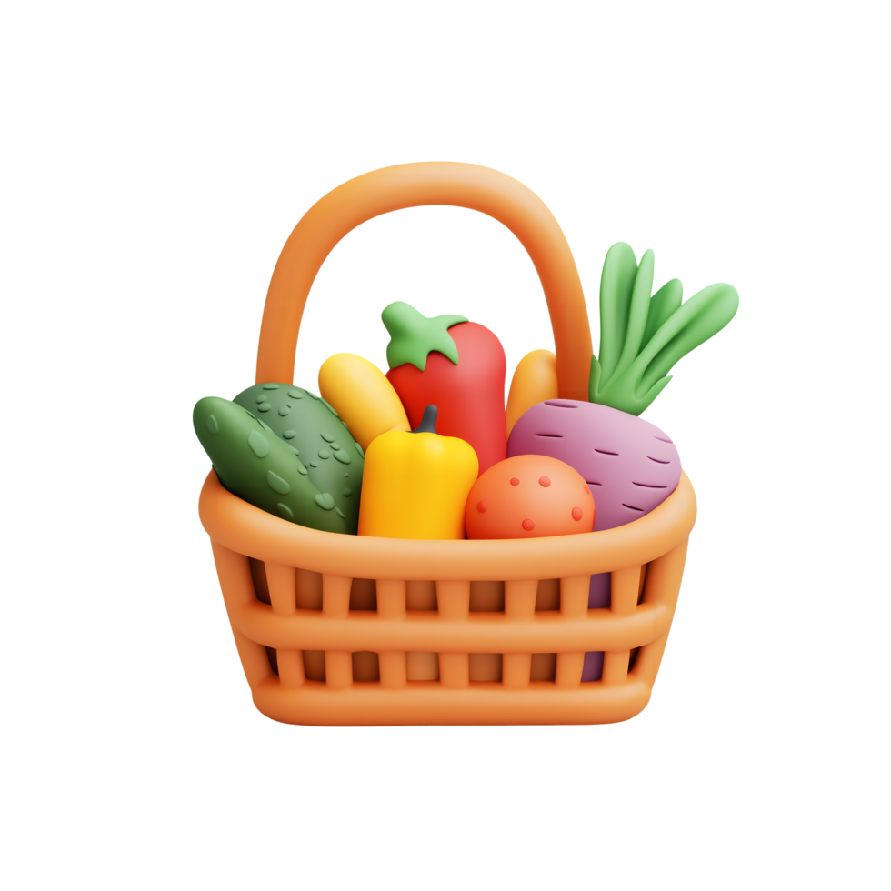 3D Vegetables and Fruits in Basket with Transparent Background, Cartoon Style png