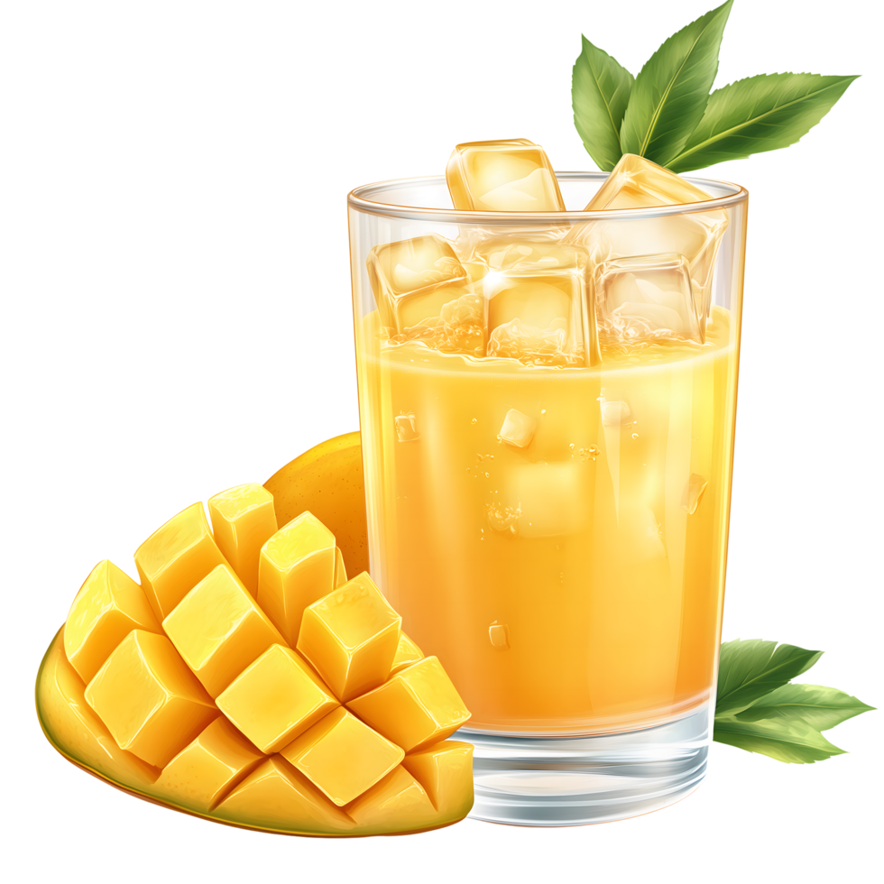 Refreshing Mango Juice with Ice Cubes in Glass on Transparent Background png