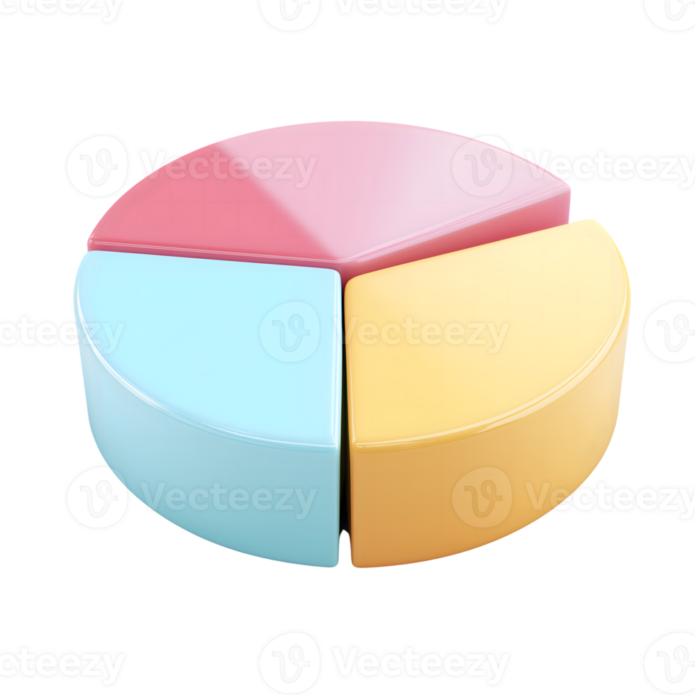 Glossy 3D Pie Chart with Pink, Blue, Yellow Segments on Transparent Background png