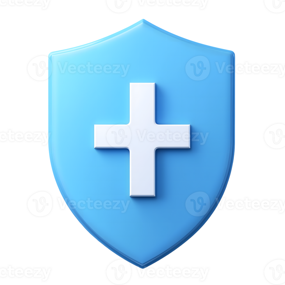 Light Blue Shield with White Cross, Glossy Texture, 3D Render, Transparent Background png
