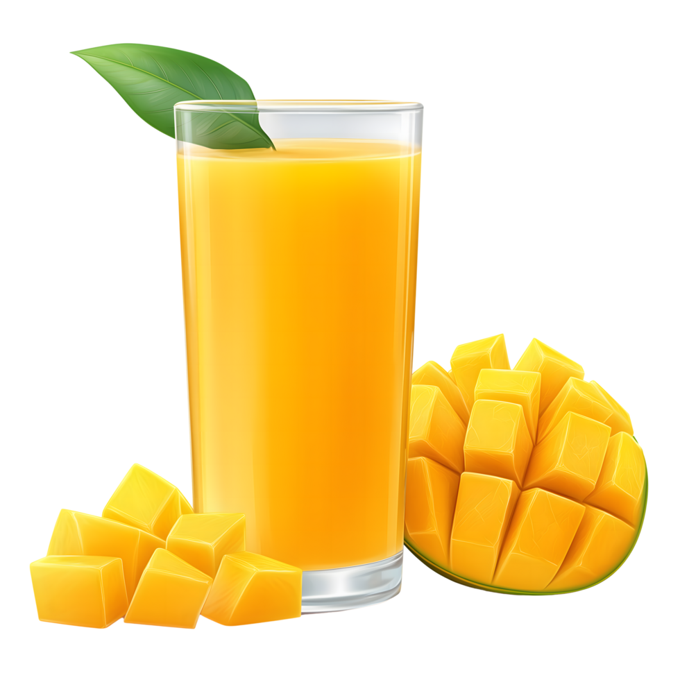 Realistic Mango Juice in Glass with Cubes and Half Mango on Transparent Background png