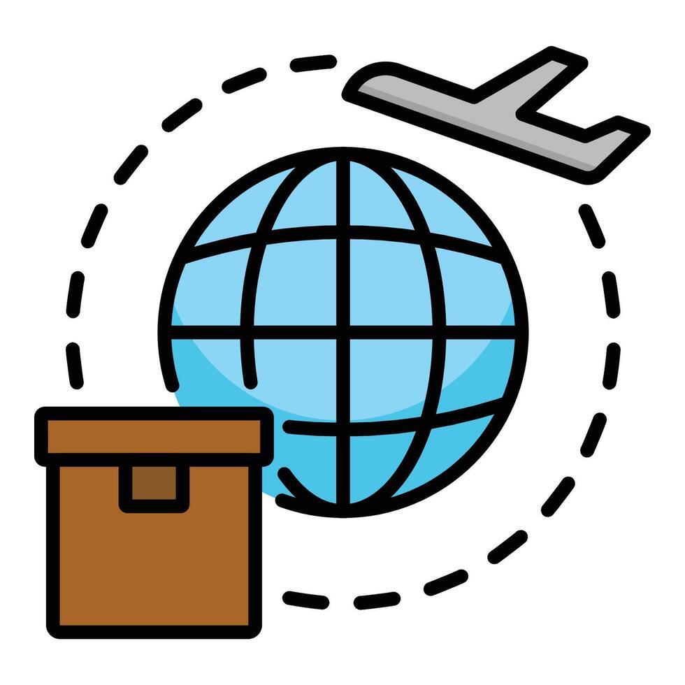 A plane flying around a globe, alongside a package box, symbolizing global shipping and international delivery services color icon vector