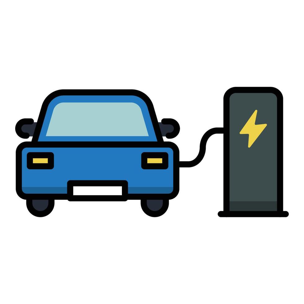 An electric car connected to a charging station with a flashlight color icon, representing EV charging and sustainable transportation vector