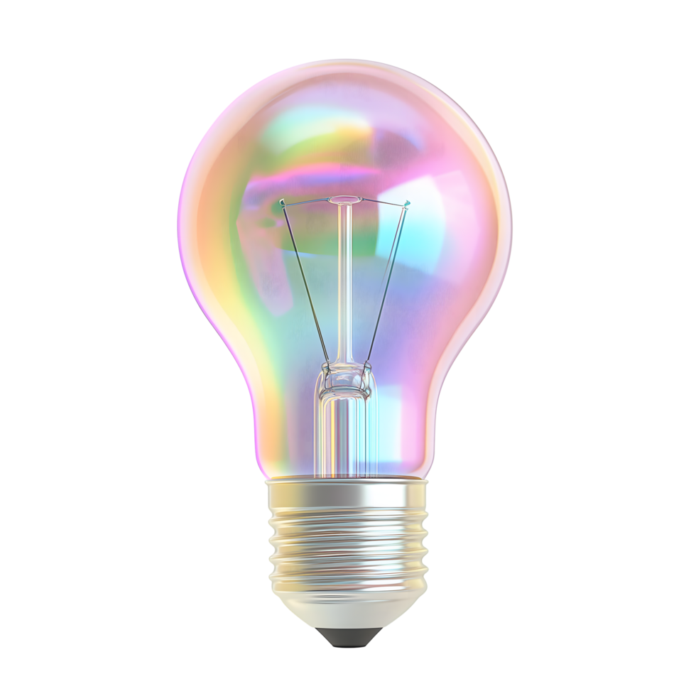 Iridescent Light Bulb with Filament, Transparent Glass Isolated on Black Backdrop png
