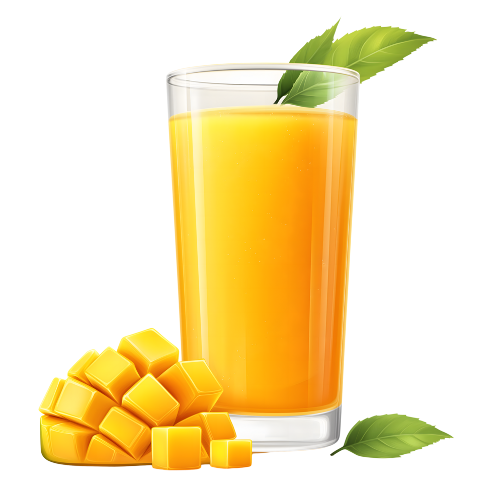 Fresh Mango Juice in Glass with Cubes and Leaves on Transparent Background png
