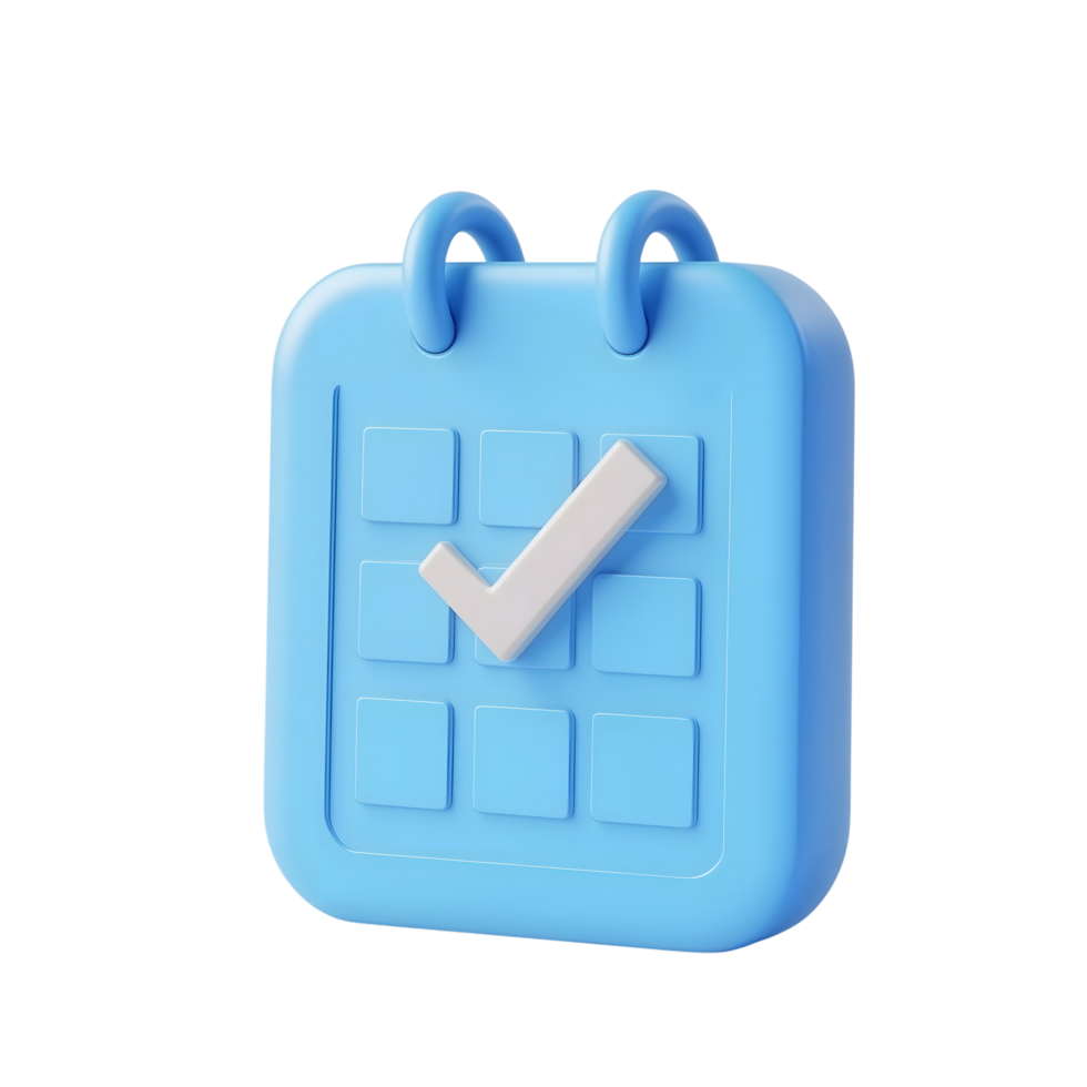 3D Blue Calendar Icon with White Check Mark on Transparent Background Render png