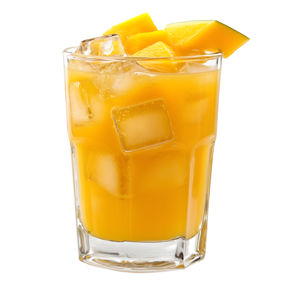 Refreshing Mango Juice Filled with Ice Cubes in a Clear Glass on Transparent Background png