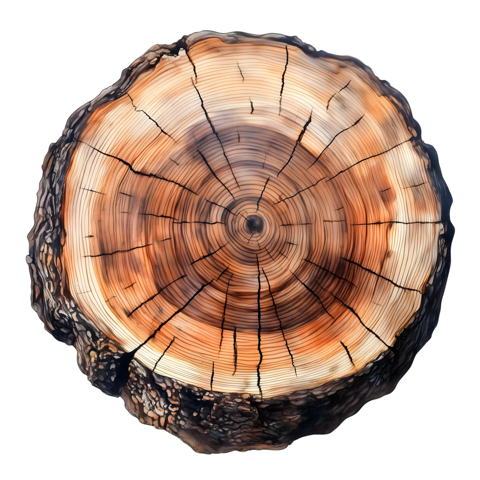 Tree Trunk Cross Section with Detailed Annual Rings on Transparent Background png