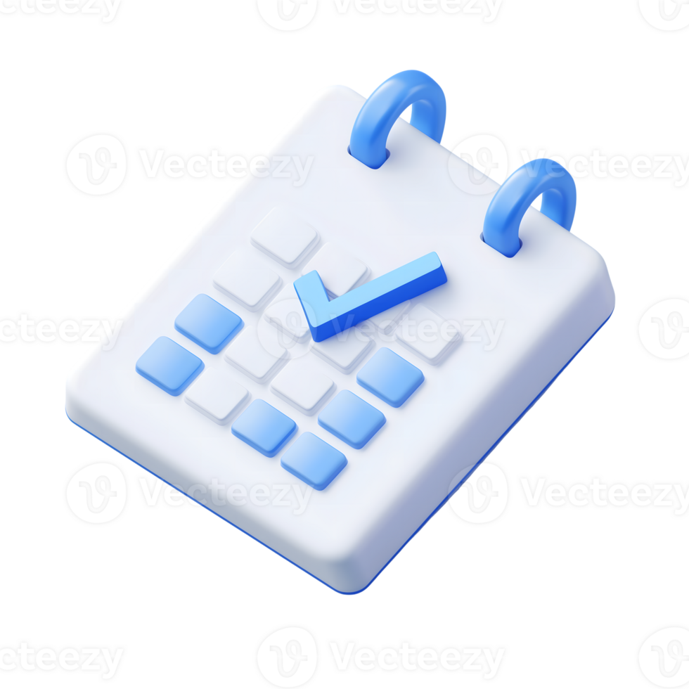 White Desk Calendar with Blue Checkmark, 3D Rendering on Transparent Background png