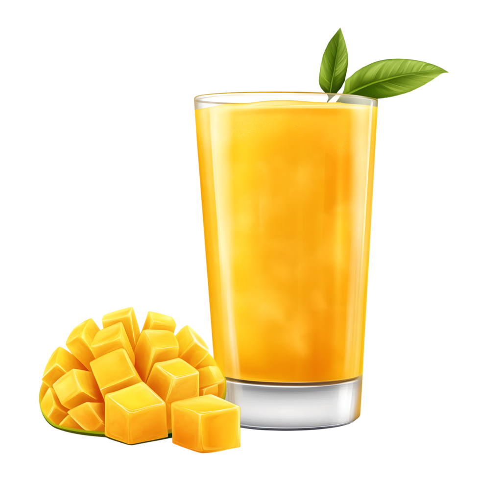 Mango Juice in Glass with Leaves and Cubed Fruit on Transparent Background png