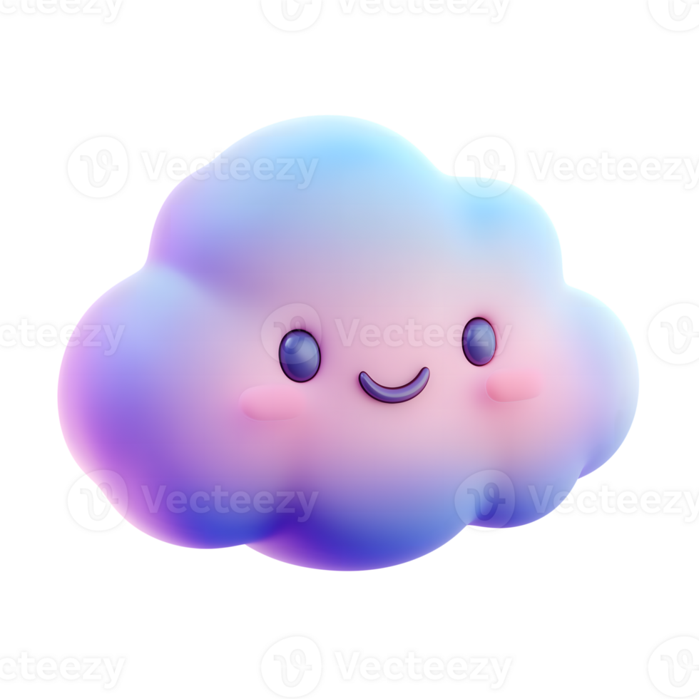 3D Cute Cloud Character Smiling with Gradient Blue, Pink, and Purple on Transparent Background png