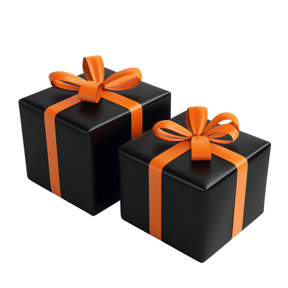 Two Black Gift Boxes with Orange Ribbons and Bows on Transparent Background png