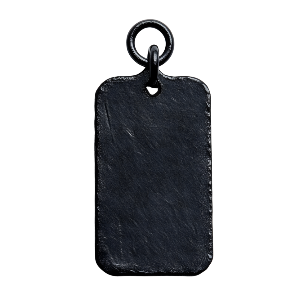Detailed Dark Metal Tag Mockup Hanging on Ring with Transparent Background png