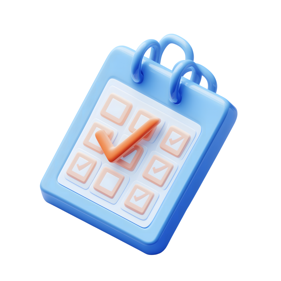 3D Blue Calendar with Orange Check Mark on Transparent Background Glossy Render png