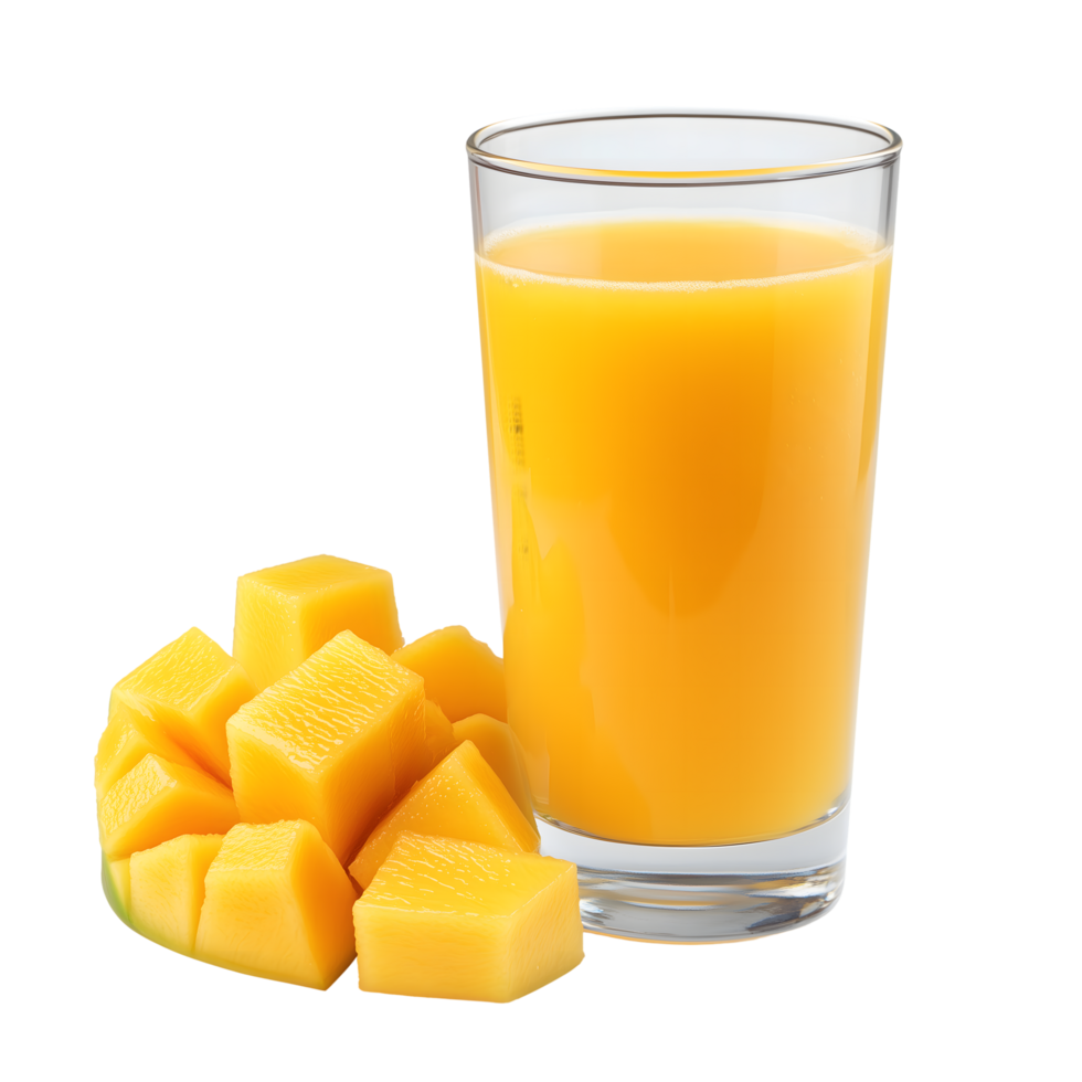 Refreshing Mango Juice in Glass with Fresh Mango Chunks, Transparent Background png