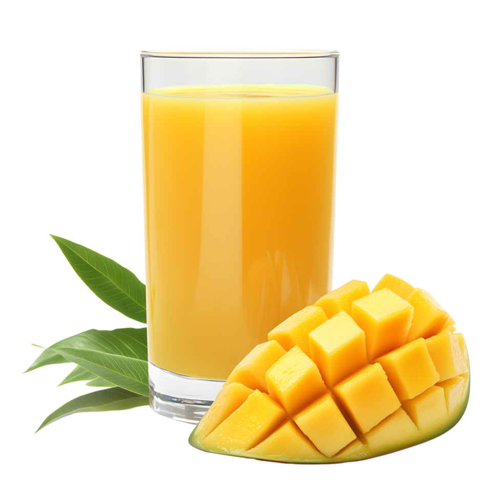 Refreshing Mango Juice in Glass with Cut Fruit and Leaves on Transparent Background png
