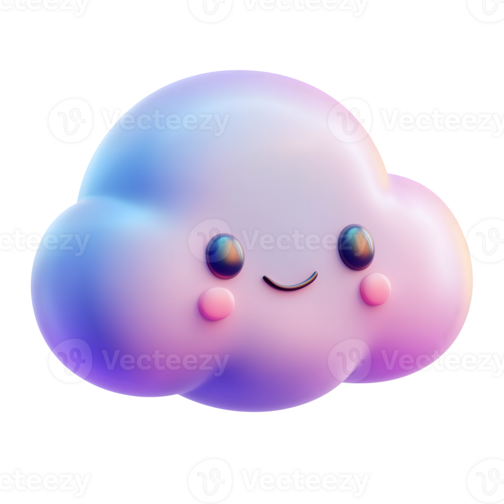 Smiling Cloud 3D Render with Round Eyes and Pink Cheeks on Transparent Background png