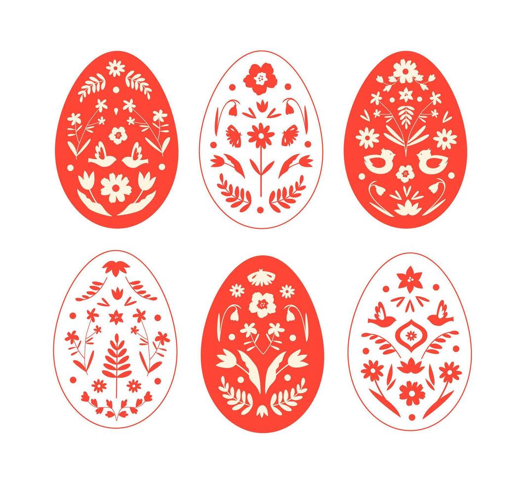 Big set of eggs for Easter in folk style. Flat design. Floral ornament vector