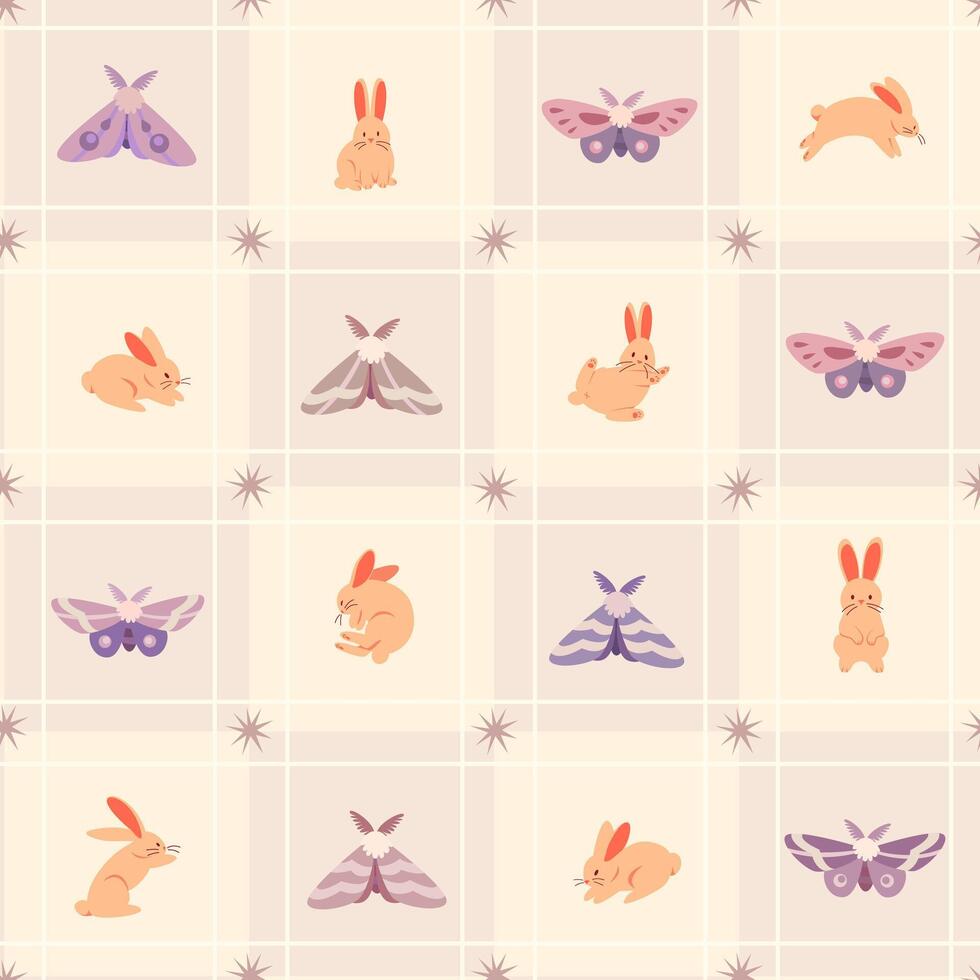 A delicate, pastel seamless cage pattern with cute rabbits and charm butterflies and small stars. Perfect for tablecloths, baby textiles, packaging, wrapping, children's wallpaper vector