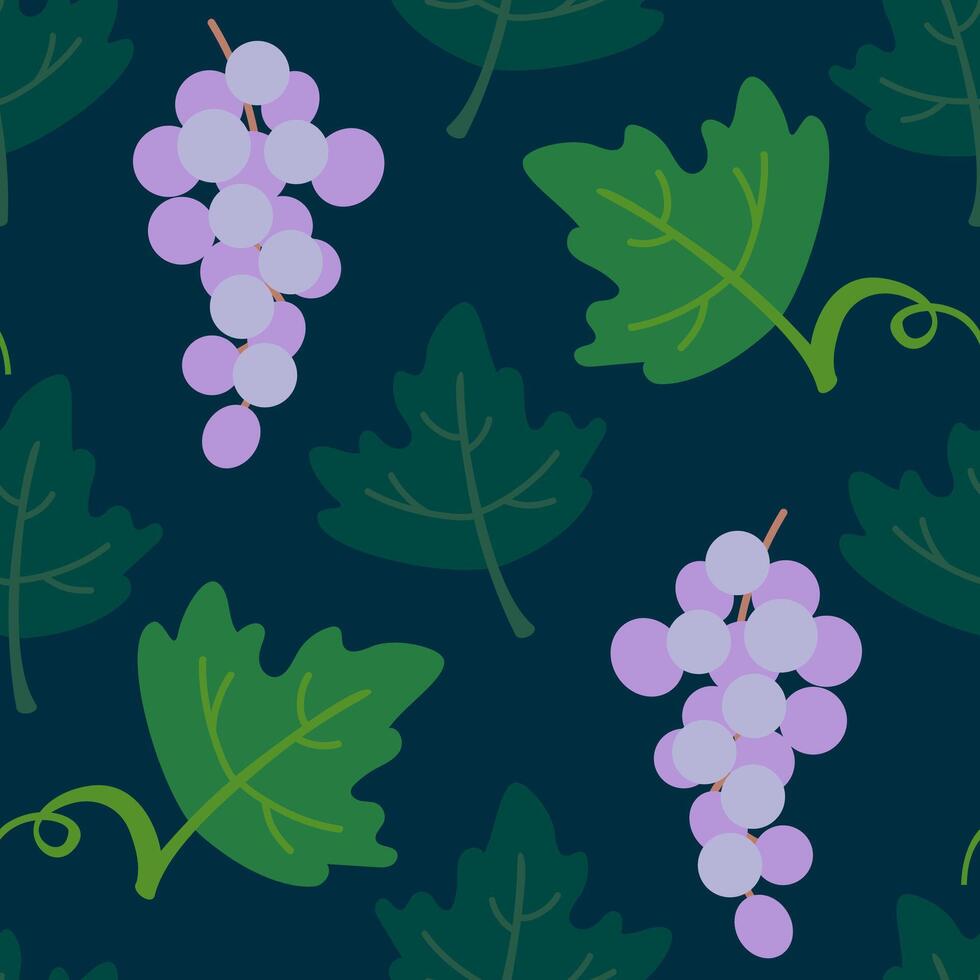 Seamless floral pattern with leaves and bunches of grapes on a dark background. Suitable for fabric, textile, wrapper, packaging, background, cover vector