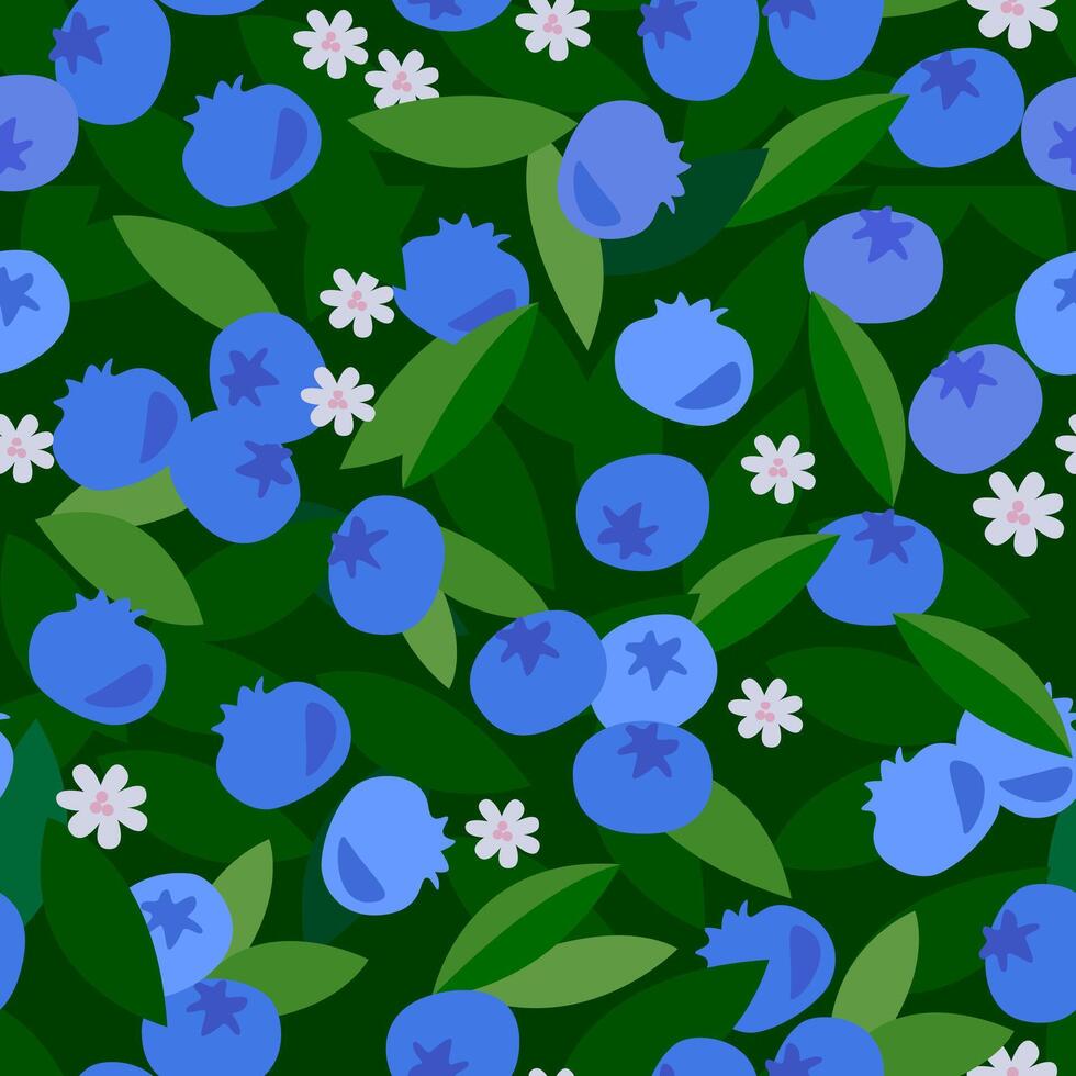 Bright seamless floral pattern with blueberries in green leaves and small white flowers. Suitable for fabric, textile, wrapper, packaging, background, cover vector