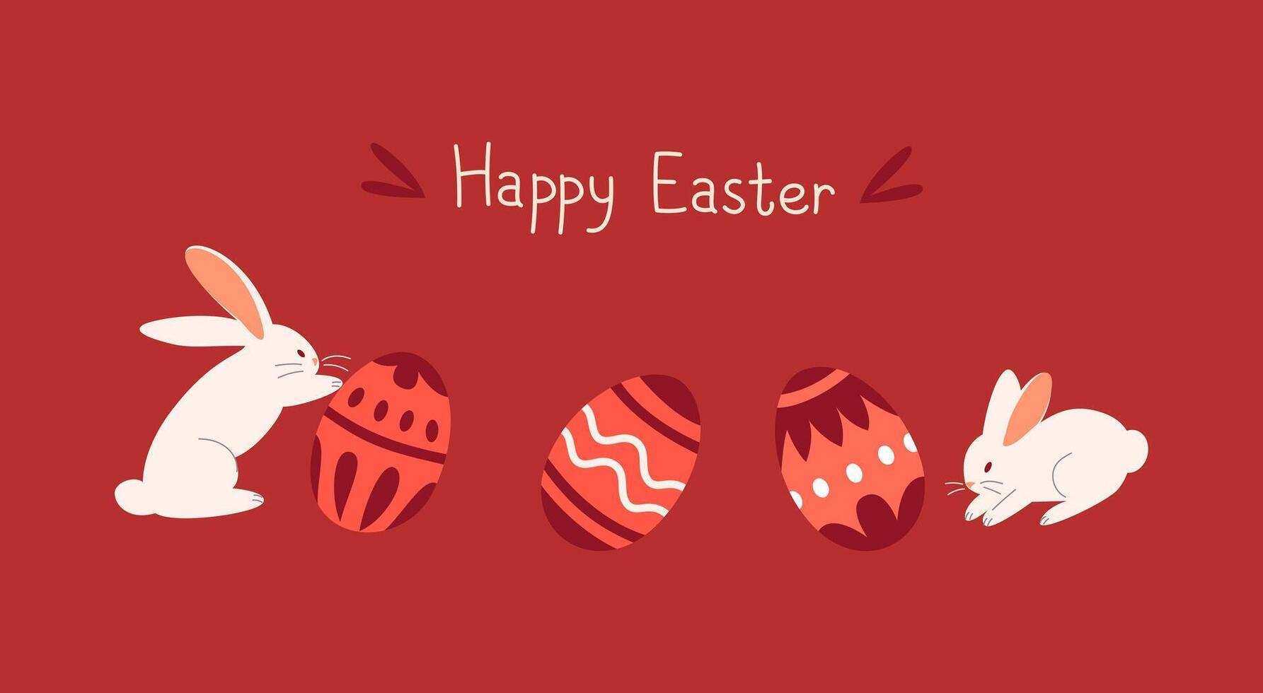 Easter card with cute white rabbits and painted eggs with ornaments. Easter poster, banner, card vector