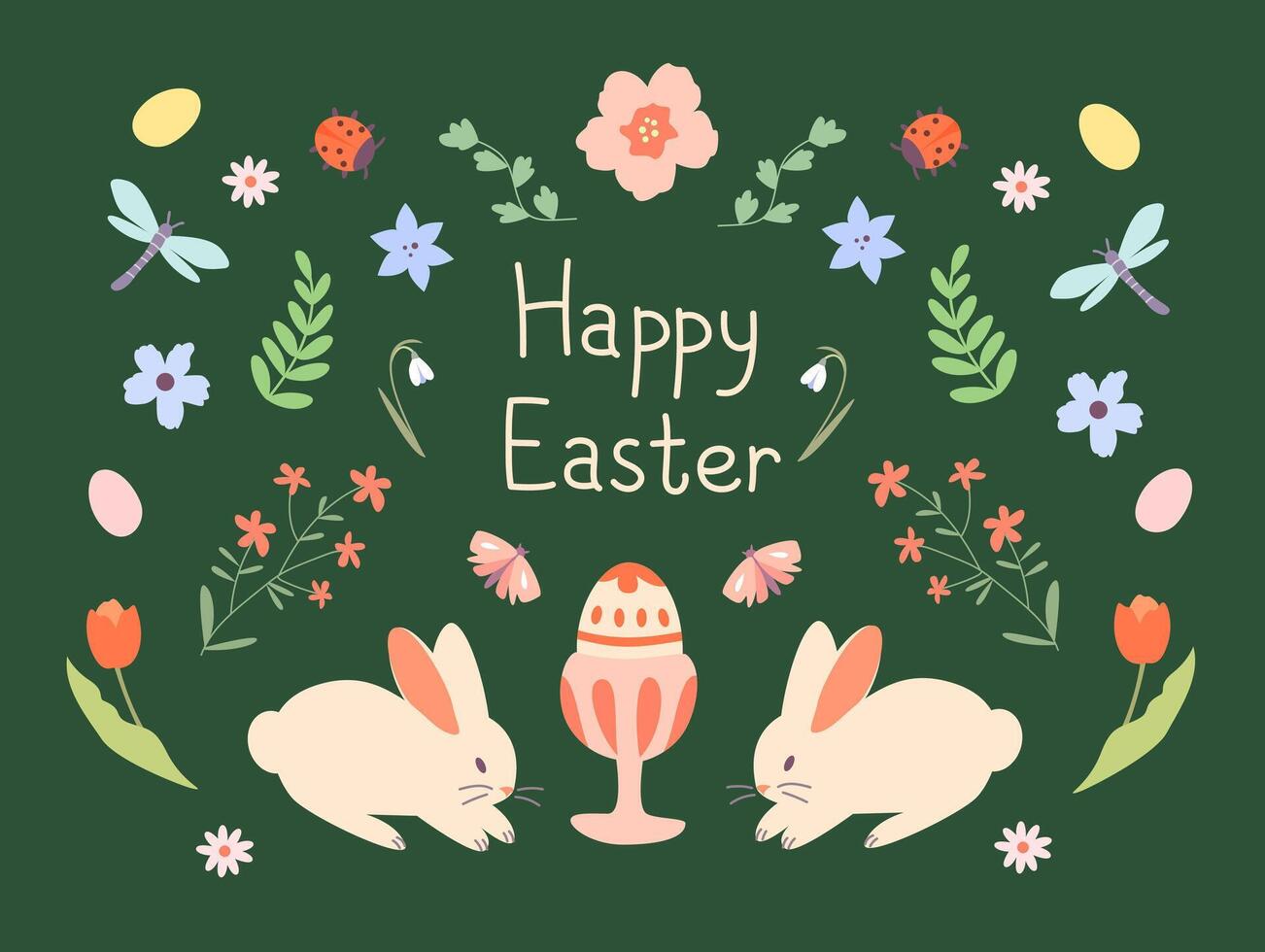 Easter greeting card with rabbits, eggs and plant elements vector