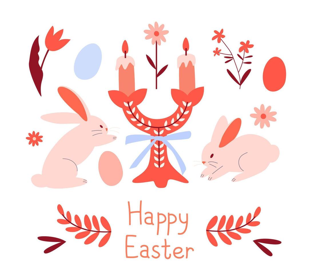 Easter card with a candlestick, rabbits, painted eggs, flowers. vector