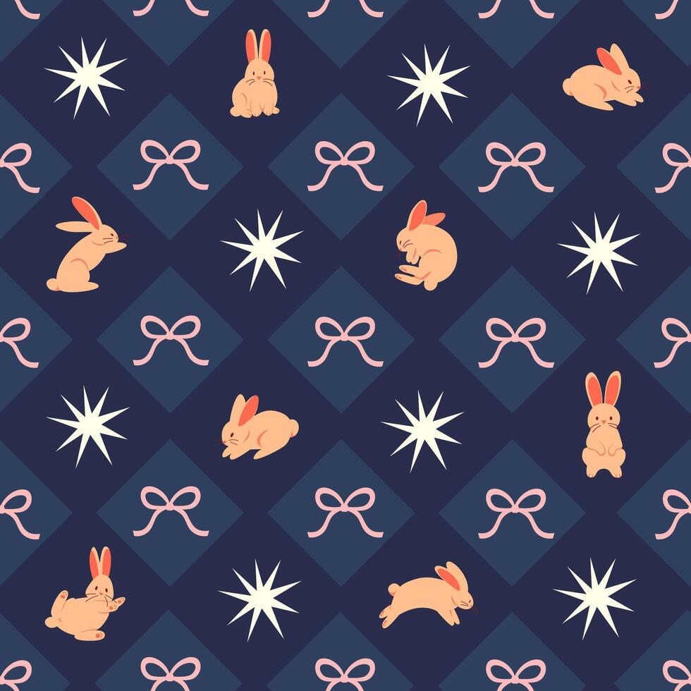 Vintage seamless pattern with cute funny rabbits, stars, bows, rhombus. The nighttime atmosphere is suitable for festive packaging, children's accessories, bed linen, pyjamas vector