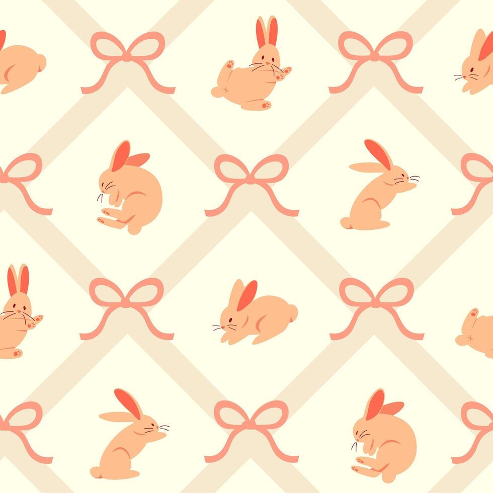 A delicate seamless pattern with cute rabbits on a warm beige background with a rhombus mesh and bows. Perfect for children's textiles, clothing, cards or gift wrapping. vector