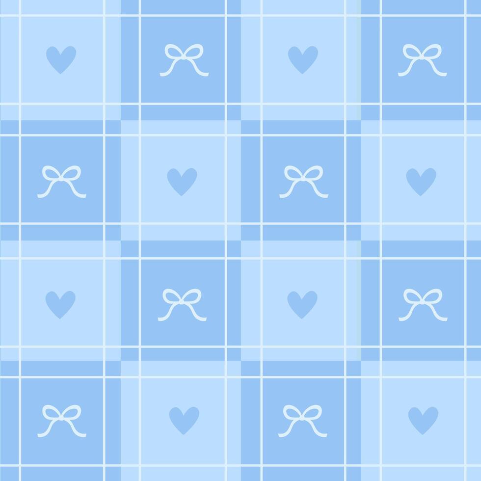 A cosy seamless blue plaid pattern with cute bows and hearts. Perfect for tablecloths, kitchen and children's textiles, packaging, curtains vector