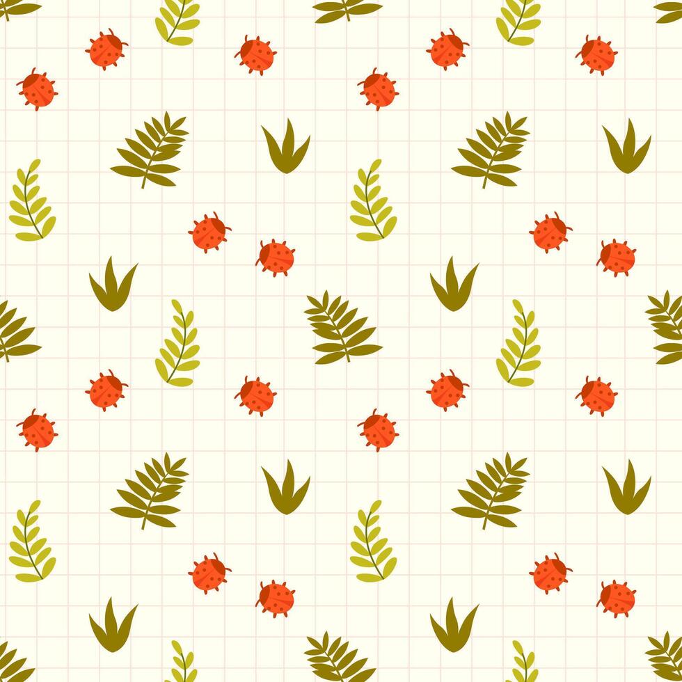A cute seamless botanical pattern with plant leaves and ladybugs. Suitable for fabric, textile, wrapper, packaging, background, cover vector