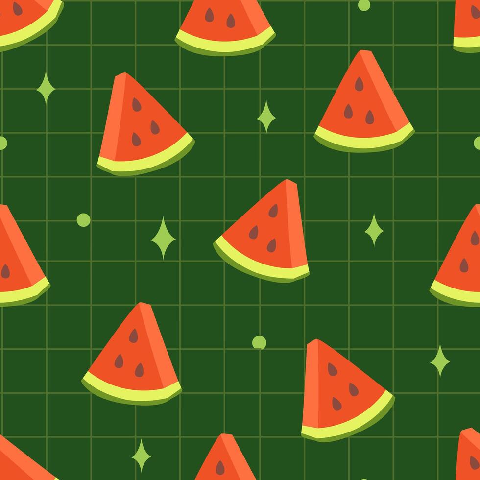 A seamless pattern with bright watermelon slices on a dark green background with a decorative grid and stars. Juicy summer design, perfect for packaging, textiles, paper vector
