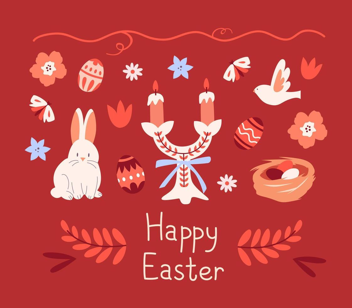 Greeting card for Easter with a cute rabbit, candle holder with ornament, plant elements, nest vector