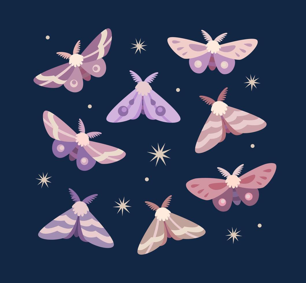 A set of cute fairy butterflies on a dark background with stars. Night moths in purple colors. Suitable for stickers, patches, pins, greeting cards, illustration vector