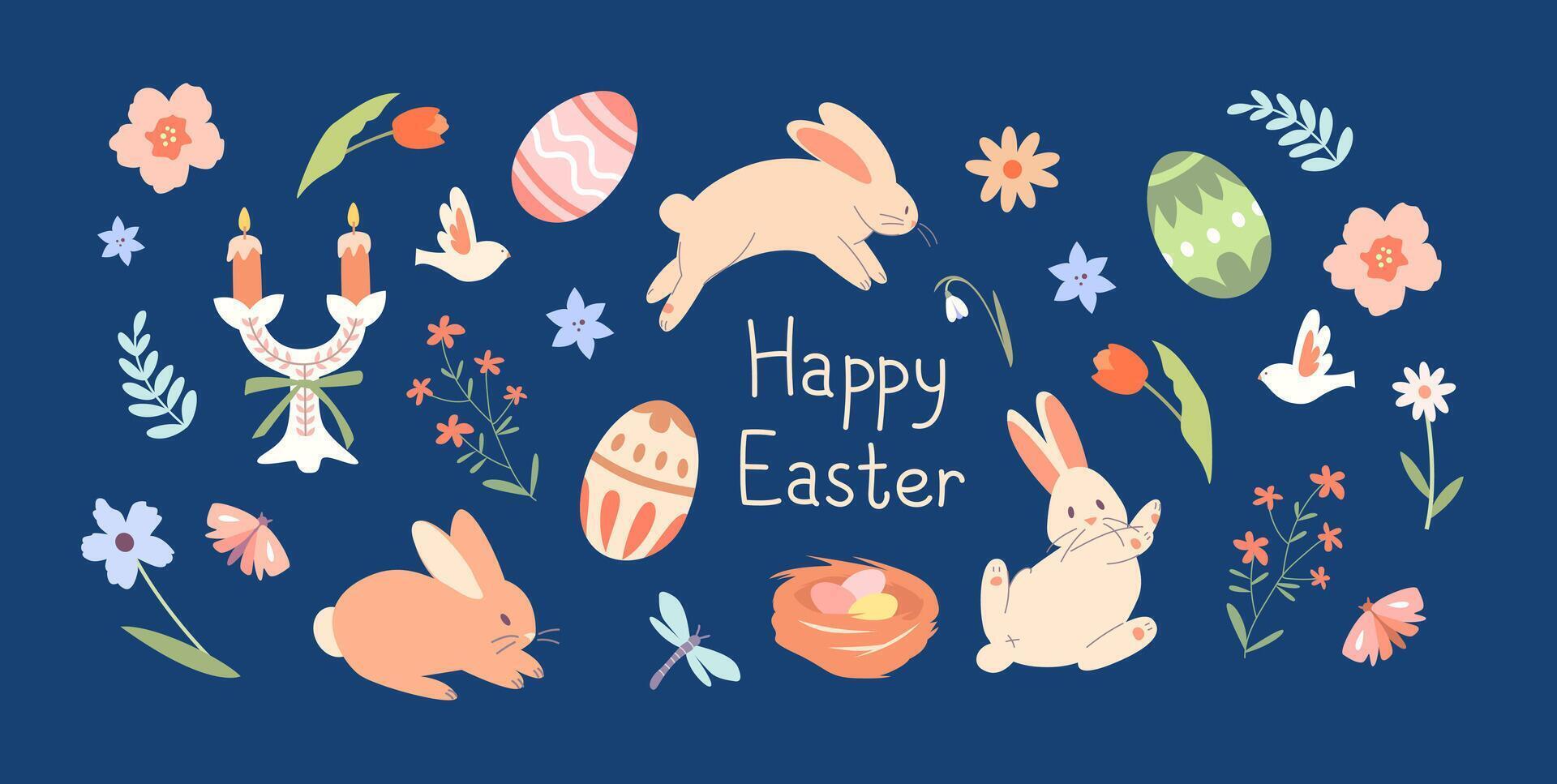 Set of Easter elements, clip art. Rabbits, eggs, plant elements, butterflies. Greeting card vector
