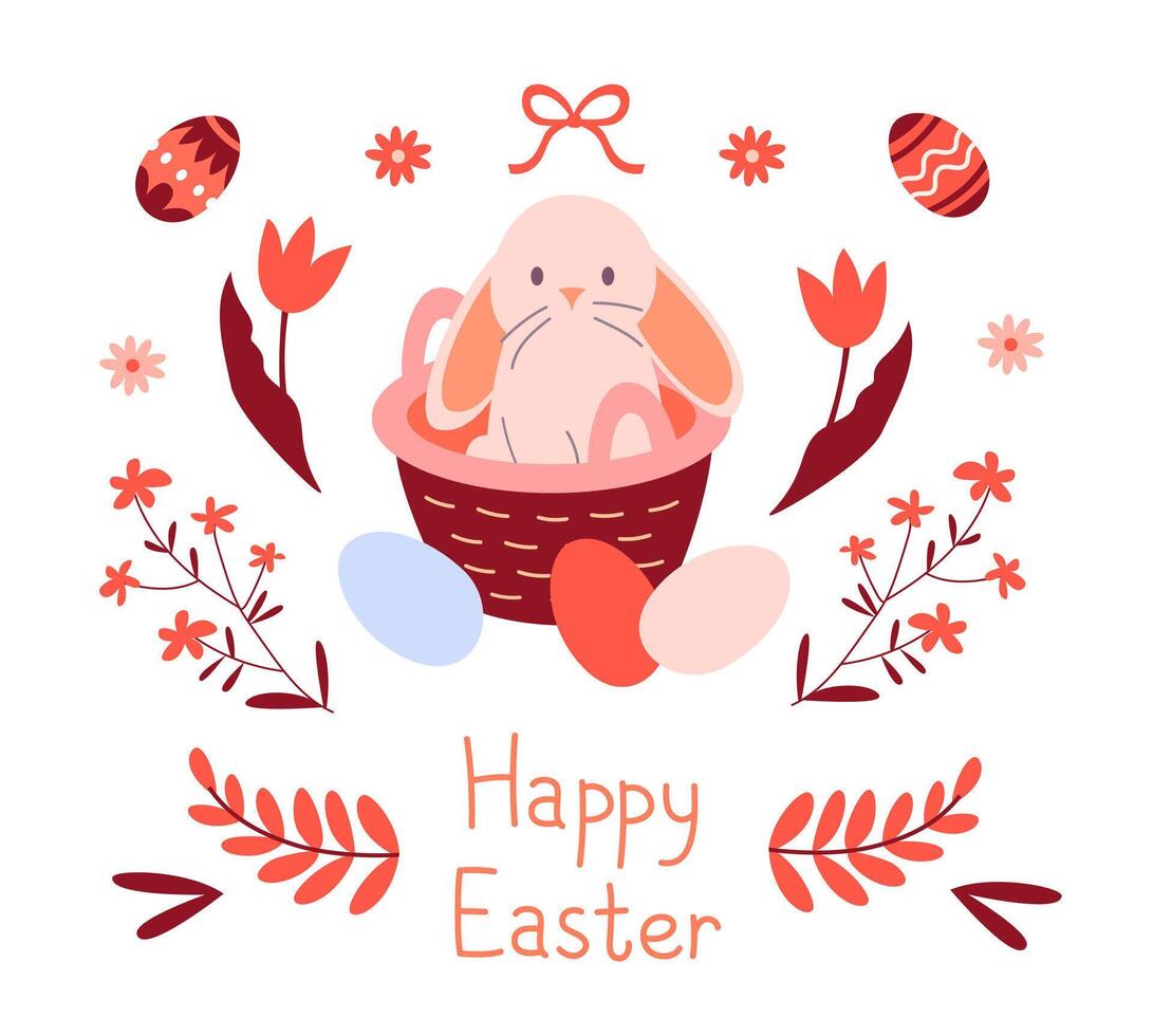 Easter card with a rabbit in a basket, painted eggs and plant elements vector
