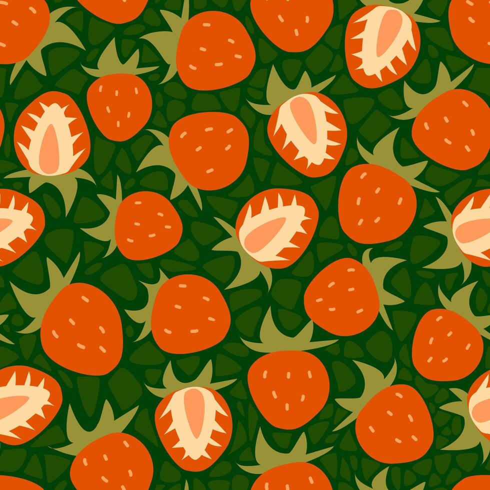 A cute seamless pattern with strawberries on a green background. Suitable for wrapping, textiles, packaging, backgrounds vector