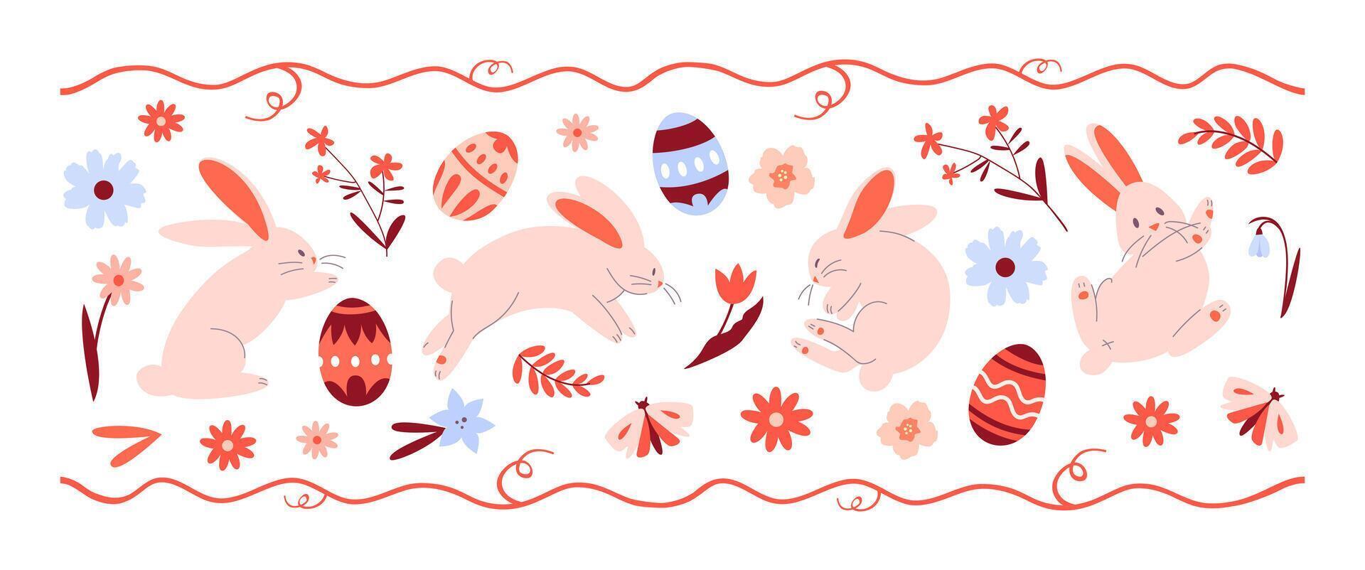 Set of rabbits in different poses with Easter eggs and plSeamless horizontal pattern with red accents vector